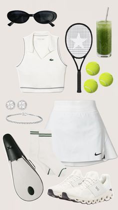 the tennis outfit is white and has black accessories on it, including a racket