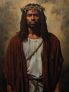 a painting of jesus wearing a crown of gold on his head and holding a chain