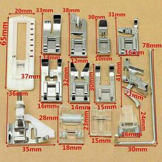 the sewing machine parts are shown with measurements