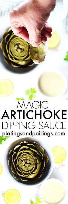 artichoke dipping sauce in a white bowl