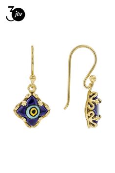 Artisan Collection of Turkey��� 10x10mm  Ceramic Evil Eye 18K Yellow Gold Over Sterling Silver Earrings. Measures Approximately 1.01"L x 0.44"W. Finished Under Gallery Gift Yellow Gold Jewelry With Lever Back Ear Wires, Ceramic Evil Eye, Evil Eye, Sterling Silver Earrings, Silver Earrings, Yellow Gold, Ceramics, Sterling Silver, Yellow