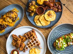 three plates with different types of food on them, one has chicken and waffles