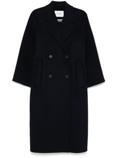 navy blue wool felted double-breasted button fastening notched lapels long sleeves two front welt pockets central rear vent unlined straight hem long length Pole Shorts, Suitcase Backpack, Ivy Oak, Bath Robes For Women, Fur Parka, Moccasin Boots, Work Bags, Blouse Outfit, Slipper Shoes