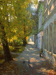 an oil painting of two people walking down a street with trees in the foreground