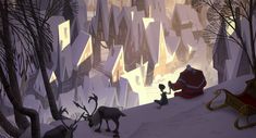 an animated scene with people and animals in the snow near a sleigh that is surrounded by trees