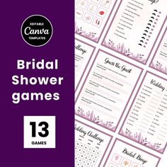 the bridal shower games are displayed on a purple background