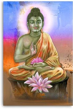 a painting of a buddha sitting on top of a rock next to a pink flower