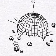 a drawing of a globe surrounded by cubes and arrows in black ink on white paper