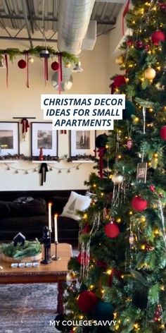 So many genius Christmas decor ideas for small spaces! College Christmas Party, Small Apartment Christmas Decor Ideas, Small Apartment Christmas Decor, Small Apartment Christmas, Apartment Christmas Decor Ideas, Apartment Christmas Decor, Big Christmas Tree, Silver Color Scheme, Christmas Decorations Apartment