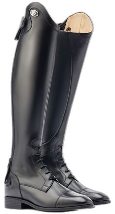 a pair of black riding boots on a white background