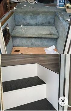 the inside of an rv with stairs leading up to it and another photo showing what's in the living room