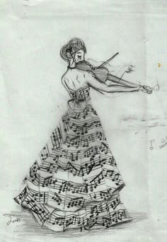 a drawing of a woman in a long dress with musical notes on the skirt and violin