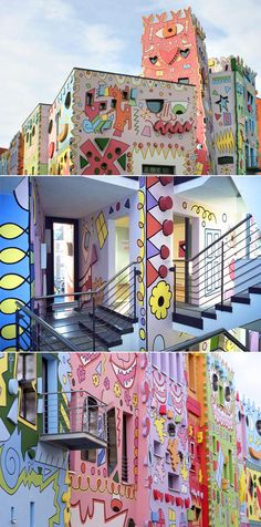 the colorful building has many different designs on it's sides and is painted with various colors