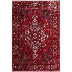 a red rug with an ornate design on the front and back side, in various colors