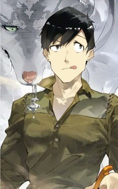 an anime character with a wolf in the background holding a wine glass to his mouth