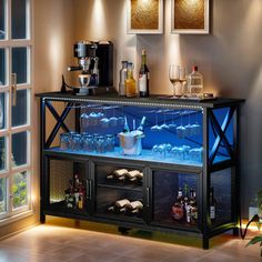 a bar with bottles and glasses on it