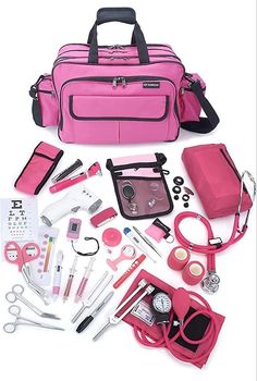 a pink bag filled with lots of medical supplies