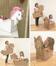 several photos of children playing with cardboard animals