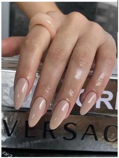 Glossy Beige Nails, Best Color For Almond Nails, Round Beige Nails, Beige Nail Designs Almond, Tan Acrylic Nails Almond, Beige Nail Color Ideas, Oval Nails Beige, Oval Beige Nails, Beige Nails Inspiration