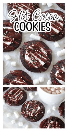 hot cocoa cookies with marshmallows and chocolate drizzle