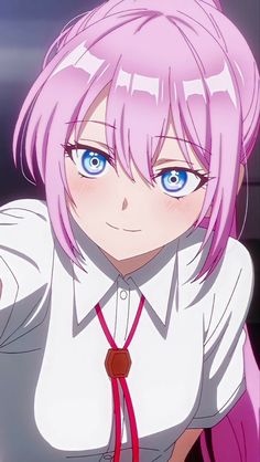 an anime character with pink hair and blue eyes