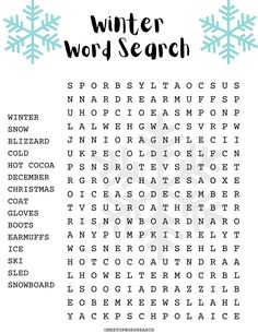 the winter word search is shown with snowflakes