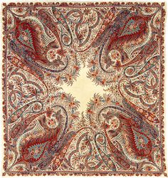 a red and blue paisley print square scarf