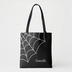 This personalized tote bag has a simple ecru or eggshell white spiderweb graphic set against a black background. The bag is ready to be personalized with a name or other text in script or cursive style lettering. Customizable Black Bag For Daily Use, Customizable Black Tote Bag, Customizable Black Rectangular Bag, Personalized Black Rectangular Bag, Customizable Black Bags For Personalized Gifts, Personalized Gift Black Rectangular Bag, Goth Tote Bag, Eggshell White, Personalized Tote Bags