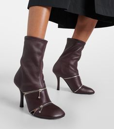 Elegant Brown Heeled Boots With Zipper Closure, Elegant Brown Heeled Boots With Zipper, Luxury Leather Boots With Zipper Closure, Formal Calf Leather Boots With Zipper, Formal Calf Leather Boots With Zipper Closure, Luxury High-heel Boots With Zipper Closure, Peep Toe Ankle Boots, Red Booties, Square Toe Heels