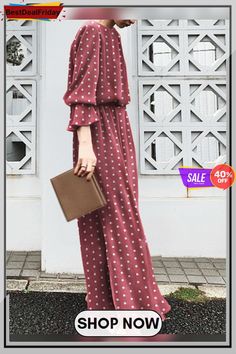 Dot Print Long Sleeve Crew Neck Maxi Dress Maxi Dresses Online, Long Maxi Dresses, Cheap Maxi Dresses, Maxi Dress Online, Long Maxi, Dot Print, Long Maxi Dress, Pink Fashion, Maxi Dresses