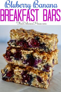 three blueberry banana breakfast bars stacked on top of each other with text overlay