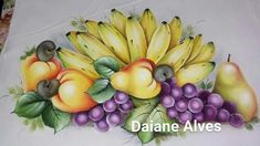 a painting of fruit and vegetables on a white table cloth with the words daine alves