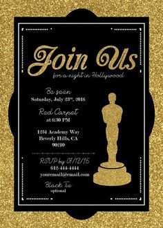 a black and gold oscar awards party flyer with an award statue on it's side