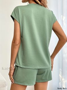 Katykey - Womens Casual Coordinated Set: Short Sleeve T-shirt & Drawstring Shorts Ensemble, Fashionable and Comfortable Wardrobe Addition Green Cotton Tops For Relaxation, Comfortable Green Tops For Relaxation, Comfortable Green Tops, Casual Green Tops For Relaxation, Summer Crew Neck Tops For Relaxation, Crew Neck Tops For Summer Relaxation, Comfortable Stretch Tops For Leisure, Stretch Crew Neck Top For Leisure, Comfortable Green Tops For Loungewear