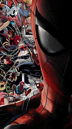 the amazing spider - man poster is shown with many stickers all over his face