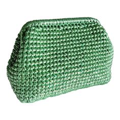 a green woven purse on a white background