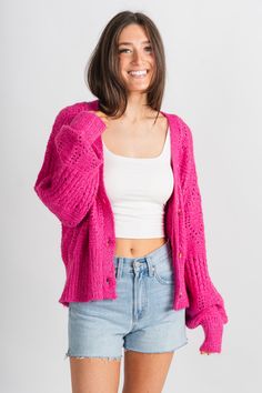 Oversized crop cardigan fuchsia - Cute Cardigan - Trendy Cardigans & Stylish Kimonos at Lush Fashion Lounge Boutique in Oklahoma City Hot Pink Cardigan, Spring Cardigan, Trendy Cardigans, Spring Cardigans, Crop Cardigan, Cute Cardigans, Pink Cardigan, Women's Boutique, Cropped Cardigan