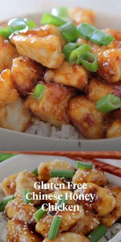 two plates with chicken, rice and green onions on them next to the same plate