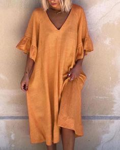 Casual Solid Tunic V-neckline Shift Dress Mode Kimono, V Neck Midi Dress, Women Midi, Loose Shorts, Sleeves (women), Dress Size Chart, Kebaya, Cheap Dresses, Types Of Skirts