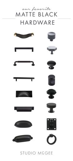 various black handles and knobs are shown in this image, with the words matte black