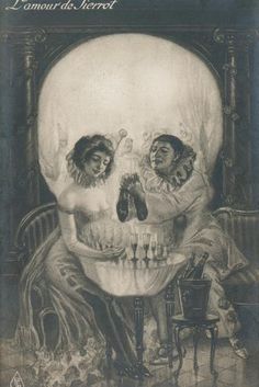 a drawing of two people sitting in front of a skull