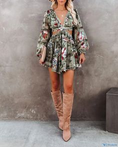 OrcaJump - Chic Floral Print Dress with Cutout Detail and Frill Hem Spring Floral Prints, Long Sleeve Mini, Hem Dress, Newest Trends, Long Sleeve Mini Dress, Floral Print Dress, Dress Accessories, No Frills, Green Dress