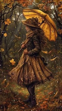 a painting of a girl holding an umbrella in the woods with leaves all around her