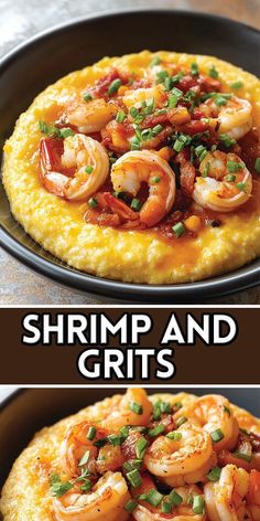 shrimp and grits in a skillet with text overlay