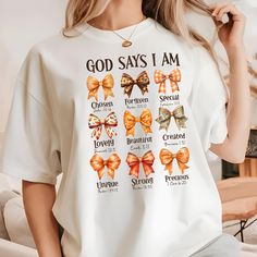 God Says I am Shirt, Christian Tee, Comfort Colors® Shirt, Christian Shirts, Thanksgiving Shirts, Fall Shirts, Religious Shirts, For Women Gift, Thanksgiving T-shirt 📄 Product Information 📏 Sizing: The t-shirt features a unisex fit and generally runs true to size. We recommend consulting the size chart before placing an order. To ensure an accurate fit, compare the measurements of your favorite t-shirt (from armpit to armpit and top to bottom) with the size chart provided. Please note that the I Am Shirt, Bow Shirt, Bible Verse Shirt, Bow Shirts, God Says, Jesus Shirt, Christian Tees, Thanksgiving Shirts, Jesus Shirts