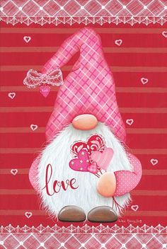 Lisa Kennedy KEN1165 - KEN1165 - Valentine Gnome - 12x18 Valentine Gnome, Gnome, Valentine's Day, Love, Hearts, Retro, Old Man from Penny Lane The Holiday Aisle, Pink Red, The Holiday, Canvas, Red, Pink, Home Decor, Art