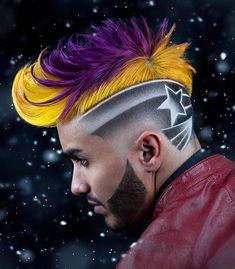 Hair Color Designs Men, Mens Colored Hair Ideas, Men’s Fashion Color Hair, Short Rainbow Hair Men, Men’s Vivid Hair Color, Purple Highlights Brown Hair, Black Hair With Red Highlights, Dark Brown Hair With Blonde Highlights, Red Highlights In Brown Hair