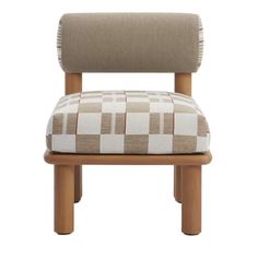 a brown and white checkered chair with wooden legs