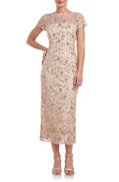 Shimmering sequins and metallic embroidery form sprawling floral vines on this elegant cocktail dress completed by a lovely lattice design on the scalloped hem. 47 1/2" length (size 8) Hidden back-zip closure Bateau neck Cap sleeves Lined 100% polyester Dry clean Imported Luxury Gold Knee-length Midi Dress, Petite Mother Of The Bride Dresses Spring, Gold Dress For Brides Mom, Beach Wedding Mother Of The Bride Dress Short, Rehersal Dinner Dress Mother Of Bride Casual, Cocktail Dress Short, Embroidered Cocktail Dress, Long Sleeve Chiffon Dress, Gold Cocktail Dress