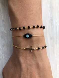 Greek Evil Eye Bracelet Black Rosary Bracelet Black Evil Eye - Etsy Rosario Bracelet, Popular Bracelets, Handmade Chain, Bracelet Shop, Elegant Bracelet, Black Bracelets, Unique Bracelets, Evil Eye Pendant, Cross Bracelet